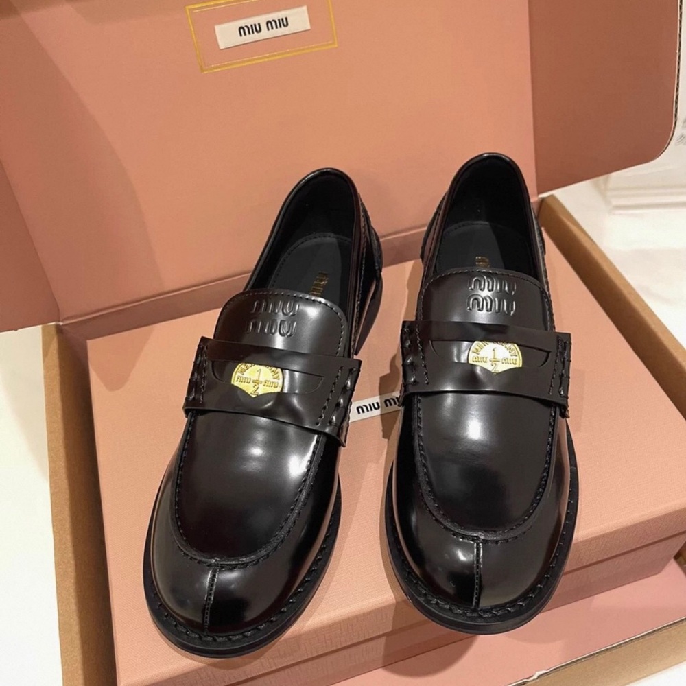 Miu Miu Black Loafers with Gold Accent - Picture 2 of 9